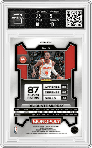 Dejounte Murray from the 2023-24 Panini Prizm Monopoly set featuring a Purple  parallel graded by Arena Club and given an overall grade of 9.5.