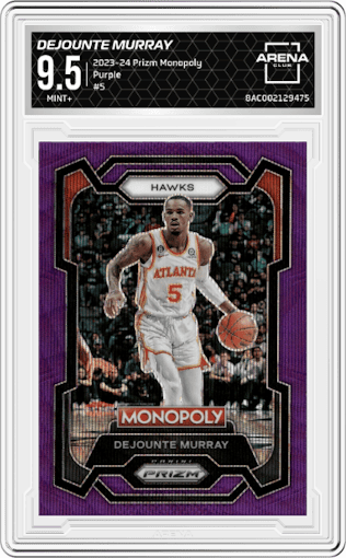 Dejounte Murray from the 2023-24 Panini Prizm Monopoly set featuring a Purple  parallel graded by Arena Club and given an overall grade of 9.5.