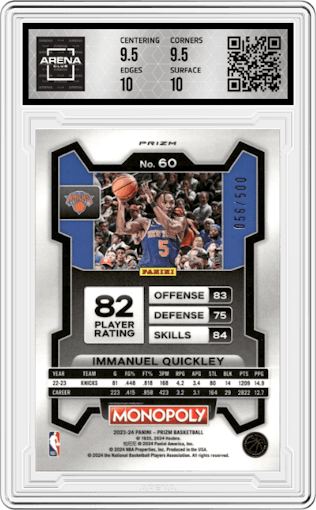 Immanuel Quickley from the 2023-24 Panini Prizm Monopoly set featuring a Gold Millionaire Shimmer  parallel graded by Arena Club and given an overall grade of 10.