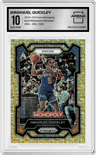 Immanuel Quickley from the 2023-24 Panini Prizm Monopoly set featuring a Gold Millionaire Shimmer  parallel graded by Arena Club and given an overall grade of 10.