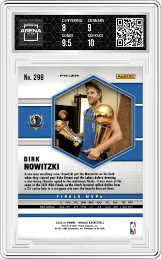 Dirk Nowitzki from the 2020-21 Panini Mosaic set featuring a Pink Camo parallel graded by Arena Club and given an overall grade of 8.5.