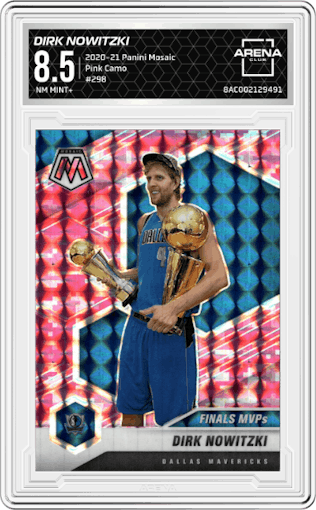Dirk Nowitzki from the 2020-21 Panini Mosaic set featuring a Pink Camo parallel graded by Arena Club and given an overall grade of 8.5.