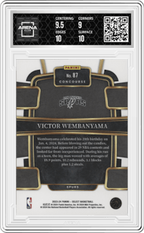 Victor Wembanyama from the 2023-24 Panini Select  set featuring a Blue Retail parallel graded by Arena Club and given an overall grade of 9.5.
