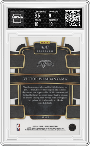 Victor Wembanyama from the 2023-24 Panini Select  set featuring a Blue Retail parallel graded by Arena Club and given an overall grade of 9.5.
