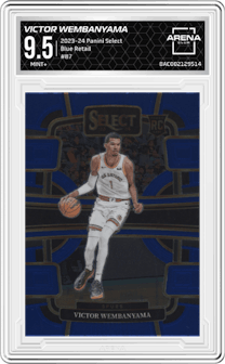 Victor Wembanyama from the 2023-24 Panini Select  set featuring a Blue Retail parallel graded by Arena Club and given an overall grade of 9.5.