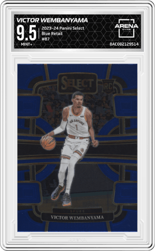 Victor Wembanyama from the 2023-24 Panini Select  set featuring a Blue Retail parallel graded by Arena Club and given an overall grade of 9.5.