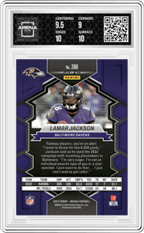 Lamar Jackson from the 2023 Panini Mosaic set featuring a Red Camo parallel graded by Arena Club and given an overall grade of 9.5.