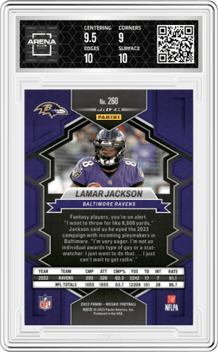 Lamar Jackson from the 2023 Panini Mosaic set featuring a Red Camo parallel graded by Arena Club and given an overall grade of 9.5.