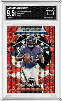 Lamar Jackson from the 2023 Panini Mosaic set featuring a Red Camo parallel graded by Arena Club and given an overall grade of 9.5.