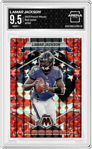 Lamar Jackson from the 2023 Panini Mosaic set featuring a Red Camo parallel graded by Arena Club and given an overall grade of 9.5.