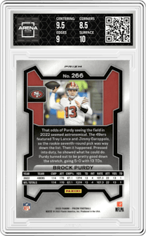 Brock Purdy from the 2023 Panini Prizm set featuring a Red/White/Blue parallel graded by Arena Club and given an overall grade of 9.