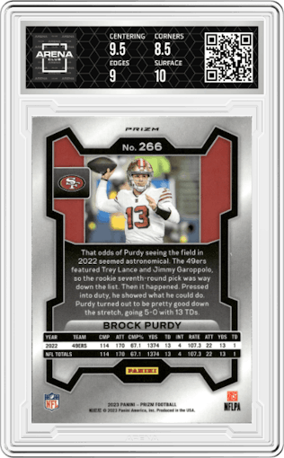 Brock Purdy from the 2023 Panini Prizm set featuring a Red/White/Blue parallel graded by Arena Club and given an overall grade of 9.