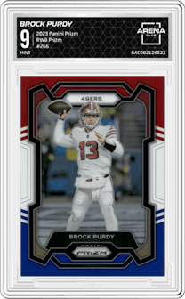 Brock Purdy from the 2023 Panini Prizm set featuring a Red/White/Blue parallel graded by Arena Club and given an overall grade of 9.