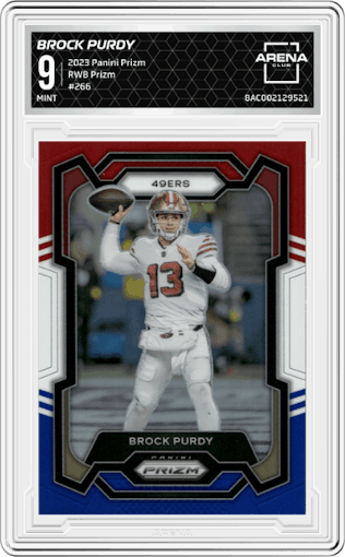Brock Purdy from the 2023 Panini Prizm set featuring a Red/White/Blue parallel graded by Arena Club and given an overall grade of 9.