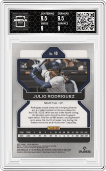 Julio Rodriguez from the 2022 Panini Prizm set graded by Arena Club and given an overall grade of 9.5.