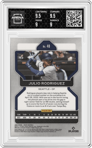 Julio Rodriguez from the 2022 Panini Prizm set graded by Arena Club and given an overall grade of 9.5.