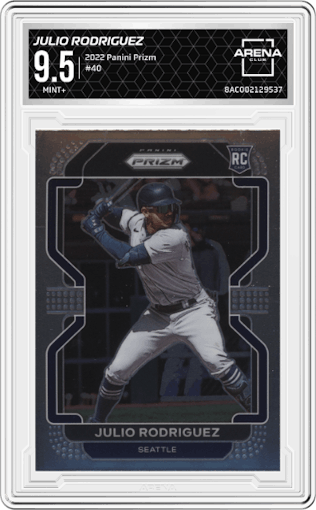 Julio Rodriguez from the 2022 Panini Prizm set graded by Arena Club and given an overall grade of 9.5.