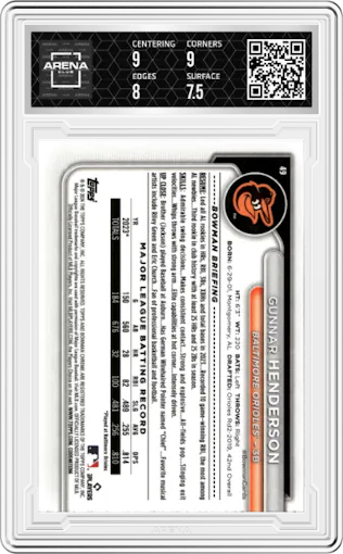 Gunnar Henderson from the 2024 Bowman Mega Box set featuring a Blue Refractor parallel graded by Arena Club and given an overall grade of 8.