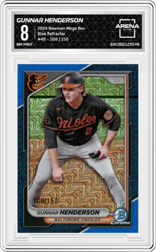 Gunnar Henderson from the 2024 Bowman Mega Box set featuring a Blue Refractor parallel graded by Arena Club and given an overall grade of 8.
