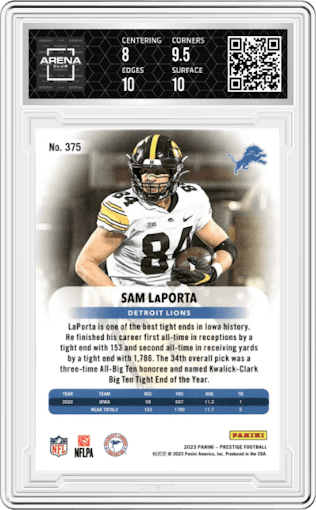 Sam LaPorta from the 2023 Panini Prestige set graded by Arena Club and given an overall grade of 8.5.