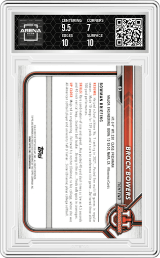 Brock Bowers from the 2021-22 Bowman University set graded by Arena Club and given an overall grade of 7.5.