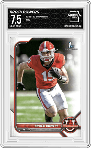 Brock Bowers from the 2021-22 Bowman University set graded by Arena Club and given an overall grade of 7.5.