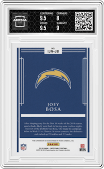 Joey Bosa from the 2020 Panini Impeccable set graded by Arena Club and given an overall grade of 8.5.