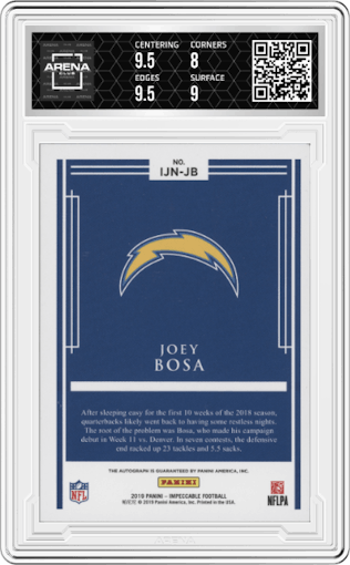 Joey Bosa from the 2020 Panini Impeccable set graded by Arena Club and given an overall grade of 8.5.