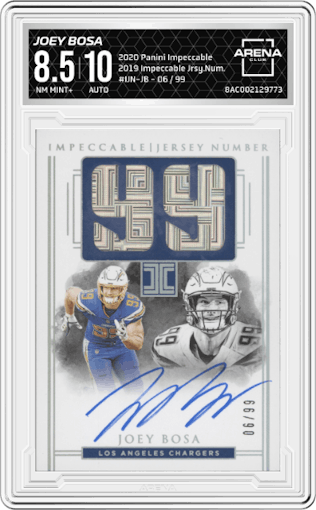 Joey Bosa from the 2020 Panini Impeccable set graded by Arena Club and given an overall grade of 8.5.