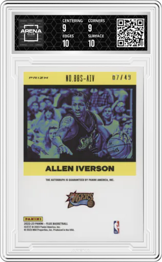 Allen Iverson from the 2022-23 Panini Flux set featuring a Red parallel graded by Arena Club and given an overall grade of 9.5.