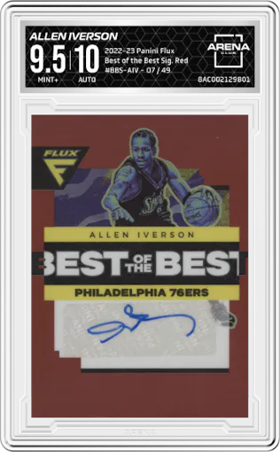 Allen Iverson from the 2022-23 Panini Flux set featuring a Red parallel graded by Arena Club and given an overall grade of 9.5.