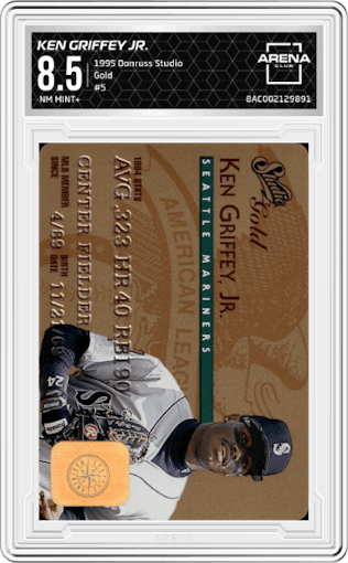 Ken Griffey Jr. from the 1995 Donruss Studio set graded by Arena Club and given an overall grade of 8.5.