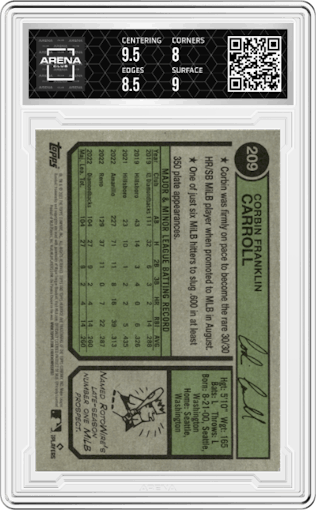 Corbin Carroll from the 2023 Topps Heritage set featuring a Purple Hot Box Refractor parallel graded by Arena Club and given an overall grade of 8.5.