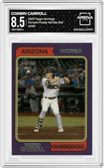 Corbin Carroll from the 2023 Topps Heritage set featuring a Purple Hot Box Refractor parallel graded by Arena Club and given an overall grade of 8.5.