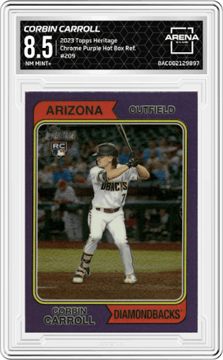 Corbin Carroll from the 2023 Topps Heritage set featuring a Purple Hot Box Refractor parallel graded by Arena Club and given an overall grade of 8.5.