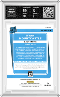 Ryan Mountcastle from the 2021 Panini Donruss Optic set featuring a Holo parallel graded by Arena Club and given an overall grade of 9.5.