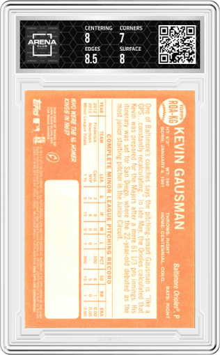 Kevin Gausman from the 2013 Topps Heritage set graded by Arena Club and given an overall grade of 7.5.