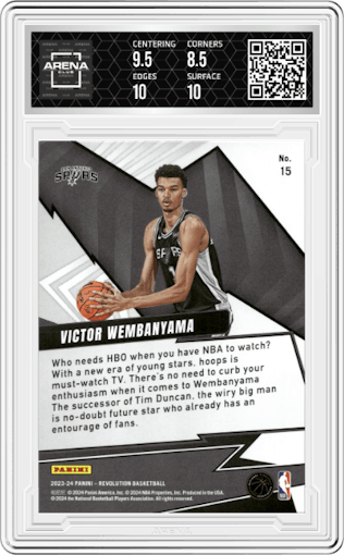 Victor Wembanyama from the 2023-24 Panini Revolution set graded by Arena Club and given an overall grade of 9.