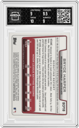 Bryce Harper from the 2012 Bowman set graded by Arena Club and given an overall grade of 9.5.