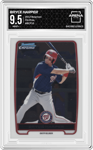 Bryce Harper from the 2012 Bowman set graded by Arena Club and given an overall grade of 9.5.