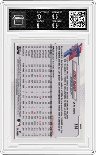 Bryce Harper from the 2021 Topps Chrome set graded by Arena Club and given an overall grade of 9.5.