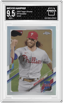 Bryce Harper from the 2021 Topps Chrome set graded by Arena Club and given an overall grade of 9.5.