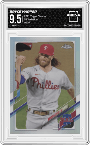 Bryce Harper from the 2021 Topps Chrome set graded by Arena Club and given an overall grade of 9.5.