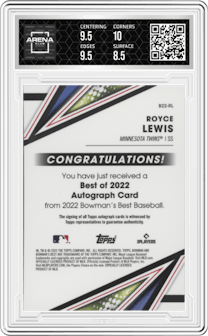 Royce Lewis from the 2022 Bowman’s Best   set graded by Arena Club and given an overall grade of 9.