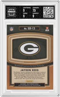 Jayden Reed from the 2023 Panini Gold Standard set graded by Arena Club and given an overall grade of 8.