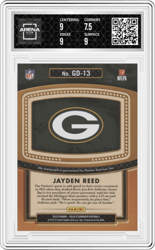 Jayden Reed from the 2023 Panini Gold Standard set graded by Arena Club and given an overall grade of 8.