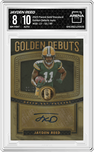 Jayden Reed from the 2023 Panini Gold Standard set graded by Arena Club and given an overall grade of 8.