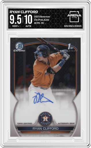 Ryan Clifford from the 2023 Bowman  set graded by Arena Club and given an overall grade of 9.5.