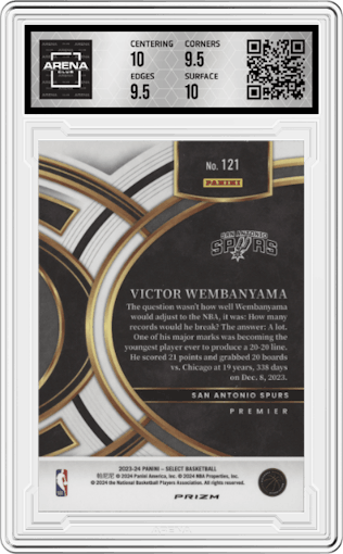 Victor Wembanyama from the 2023-24 Panini Select  set featuring a Green/White/Purple Prizm  parallel graded by Arena Club and given an overall grade of 10.
