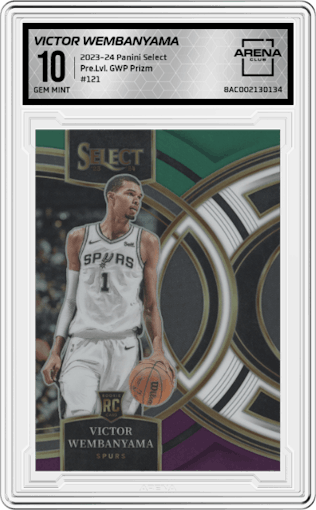 Victor Wembanyama from the 2023-24 Panini Select  set featuring a Green/White/Purple Prizm  parallel graded by Arena Club and given an overall grade of 10.